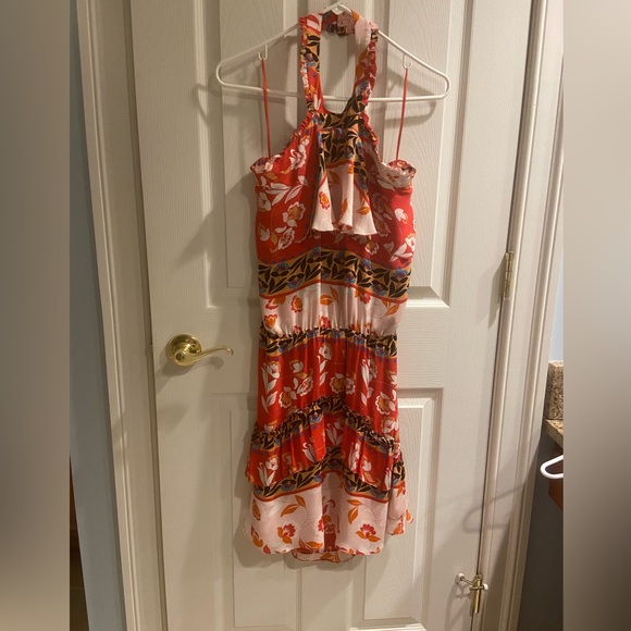 Parker Red and White Floral Halter Silk Dress size medium lined - Picture 1 of 7